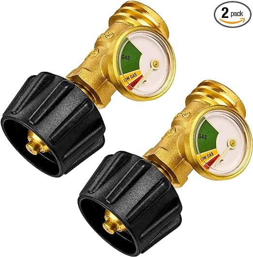 Flame King Propane Tank Gauge Level Indicator, Leak Detector Gas Pressure Meter, Color Coded & Glows in The Dark, Universal for All Cylinders, Solid Brass (2-Pack)